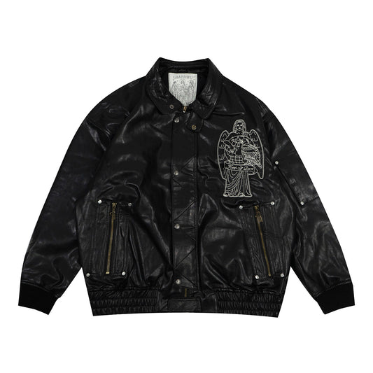 GRAF&WU World Is Yours Victory Goddess Motorcycle Retro Leather Jacket