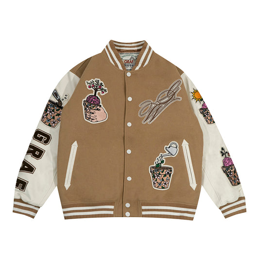 GRAF&WU Brainpower Potted Plant Leather Sleeves Baseball Jacket