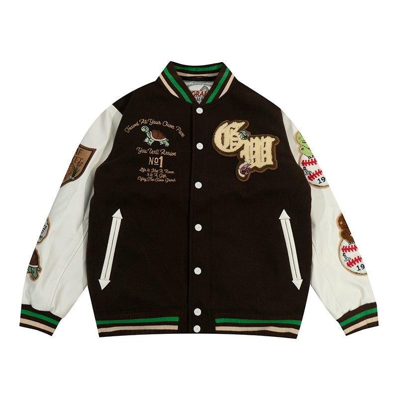 GRAF&WU Turtle Deer Race Leather Sleeved Retro Baseball Jacket - Premium Streetwear