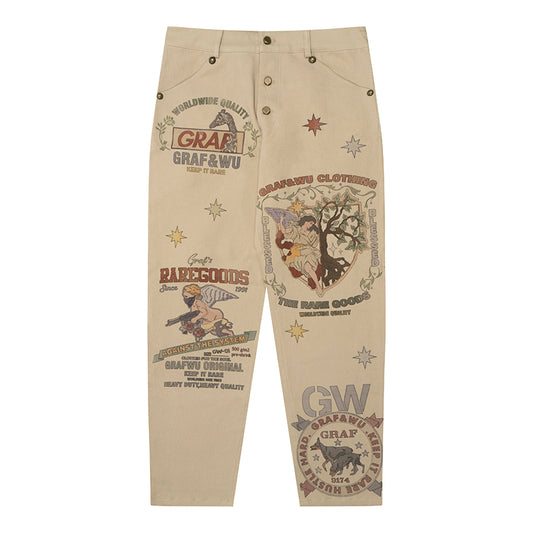 GRAF&WU Brand LOGO Angel Goddess Printing Cargo Pants