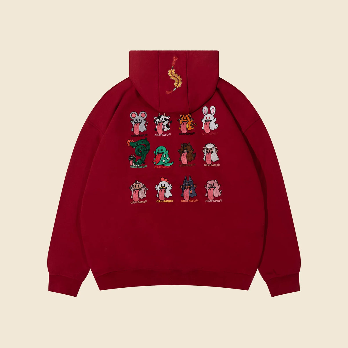 GRAF&WU Chinese Zodiac Cute Ghost Themed Embroidered Oversized Fleece Hoodie