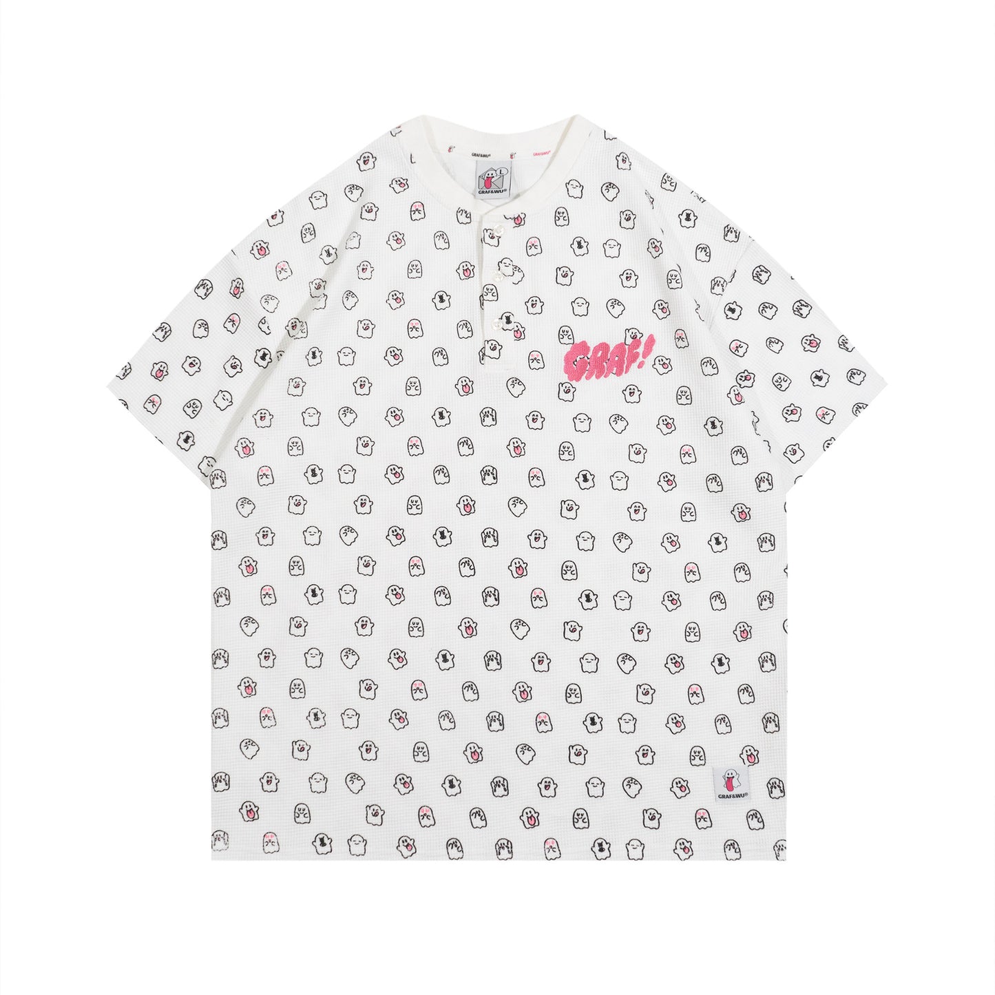 GRAF&WU Mini Cute Ghost Cotton Waffle Henley Collar T-shirt