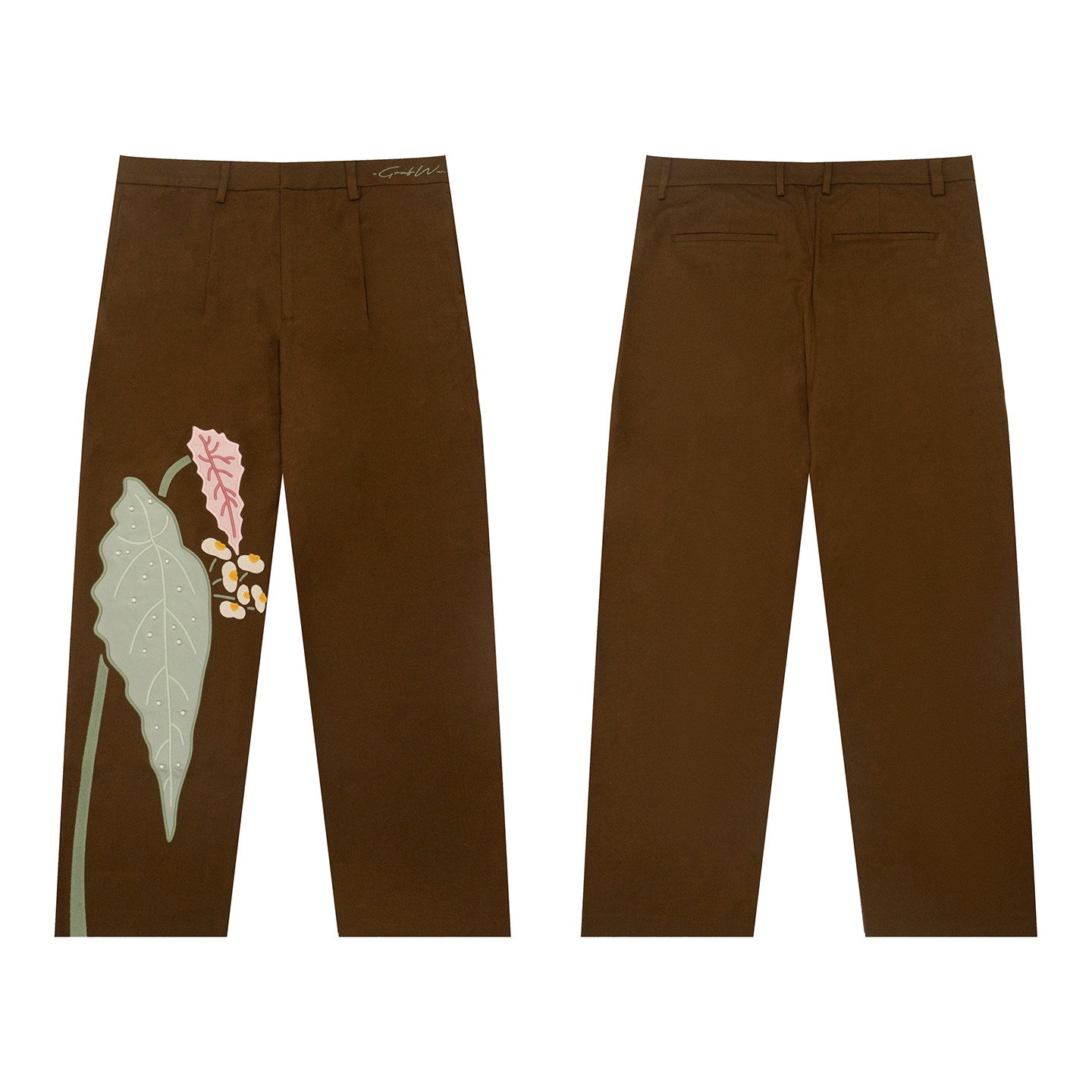 GRAF&WU Aesthetic Green Plant Embroidered Pearl Baggy Trousers