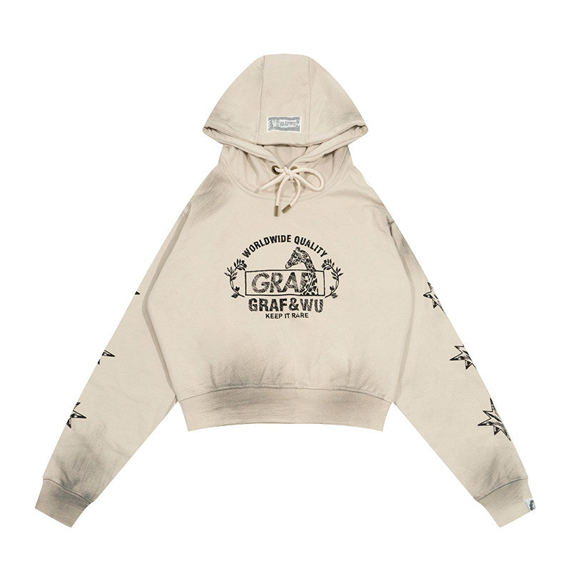 GRAF&WU Vintage Washed Distressed Giraffe Design Cropped Hoodie