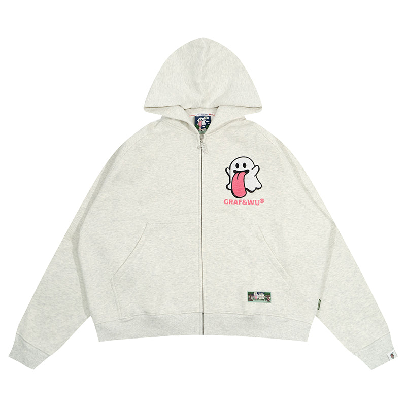 GRAF&WU Sweet Anatomy Cute Ghost Velcro Zip up Boxy Hoodie