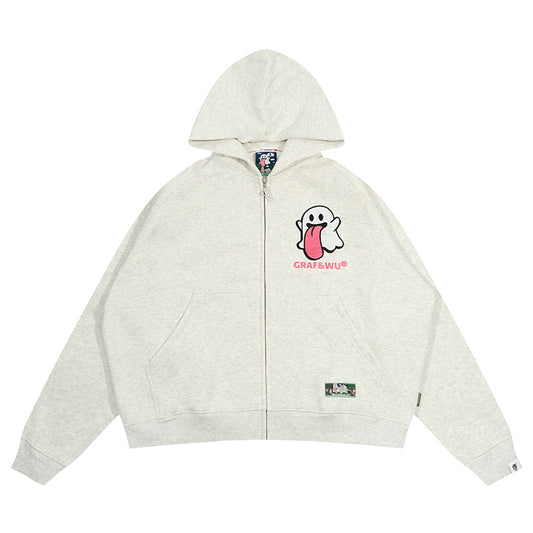 GRAF&WU Sweet Anatomy Cute Ghost Velcro Zip up Boxy Hoodie