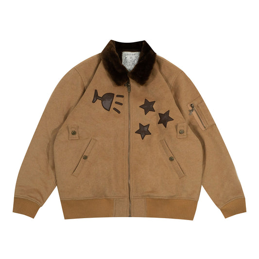 GRAF&WU Red Wine Glass Star Pattern Wool Collar Bomber Jacket