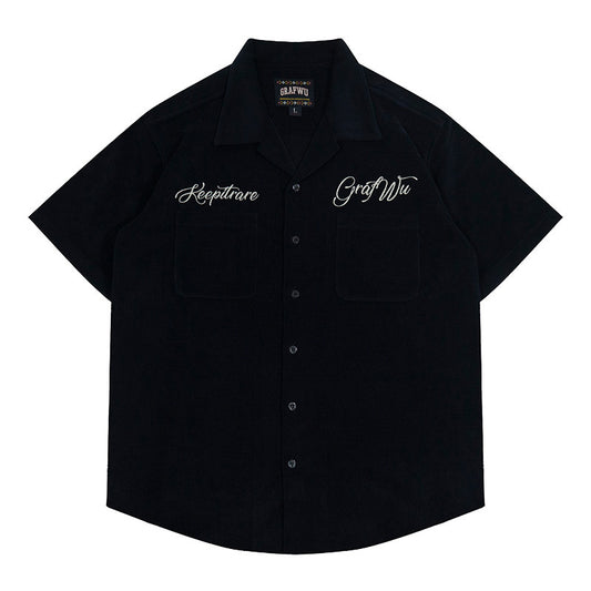 GRAF&WU Towel Striped Embroidered Cursive Keep It Rare Vacation Style T-shirt