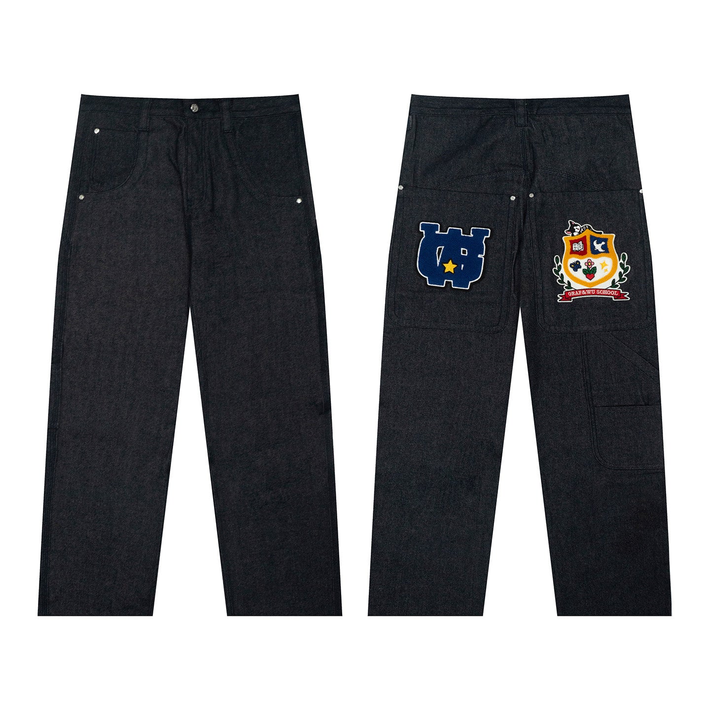 GRAF&WU Tuxedo Cat School Uniform Badge Design Fashion Jeans