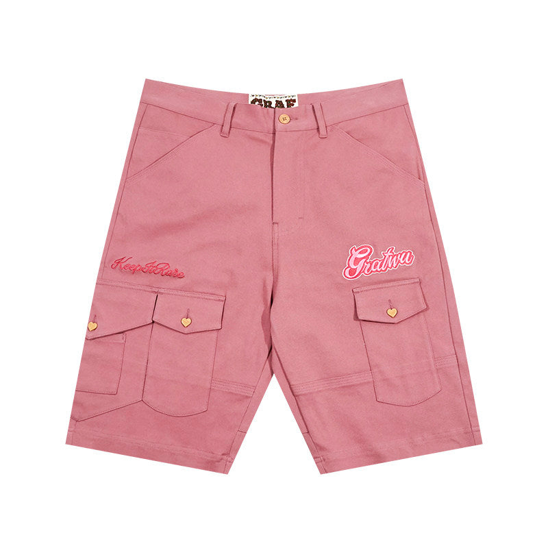 GRAF&WU Letter Embroidered Heart-button Loose Cargo Shorts