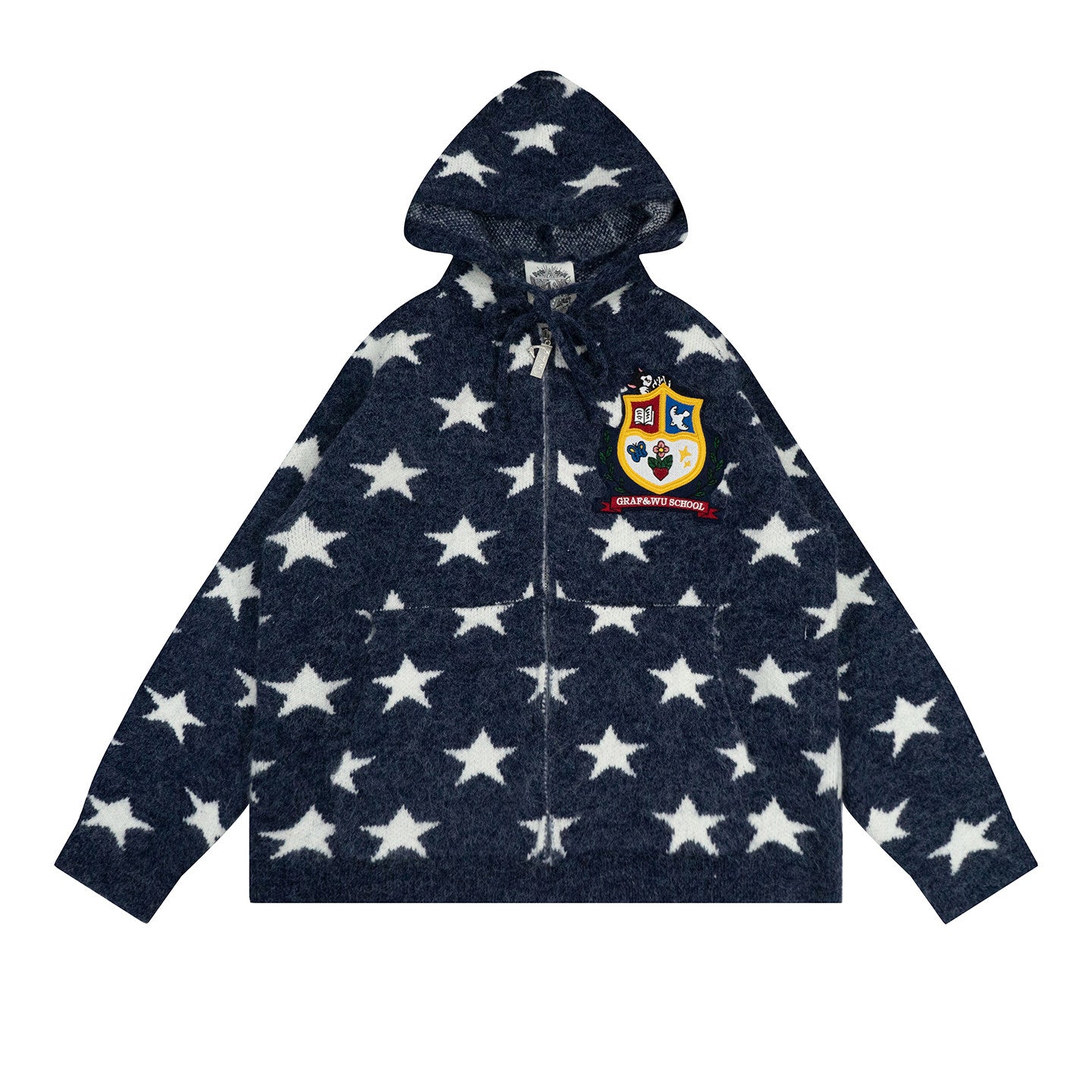 GRAF&WU Badge Star Graphic Mohair Cardigan Zipper Sweater