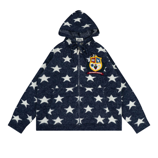 GRAF&WU Badge Star Graphic Mohair Cardigan Zipper Sweater