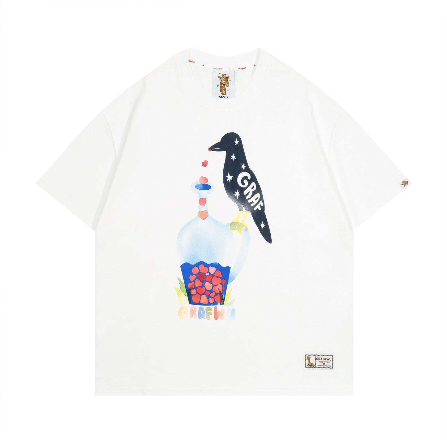 GRAF&WU【Giraffe Fable】Black Crow Drinking Water Print Streetwear Cool Feeling T-Shirt