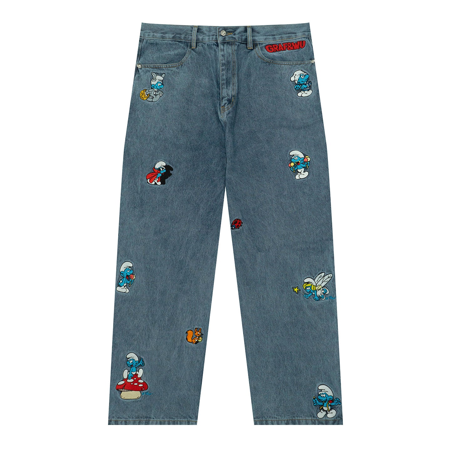 GRAF X SMURF Animal Character Embroidery Baggy Jeans