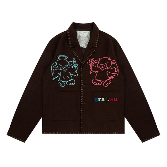 GRAF&WU Angel Devil Character Embroidery Hand-stitched Wool Coat - Premium Streetwear