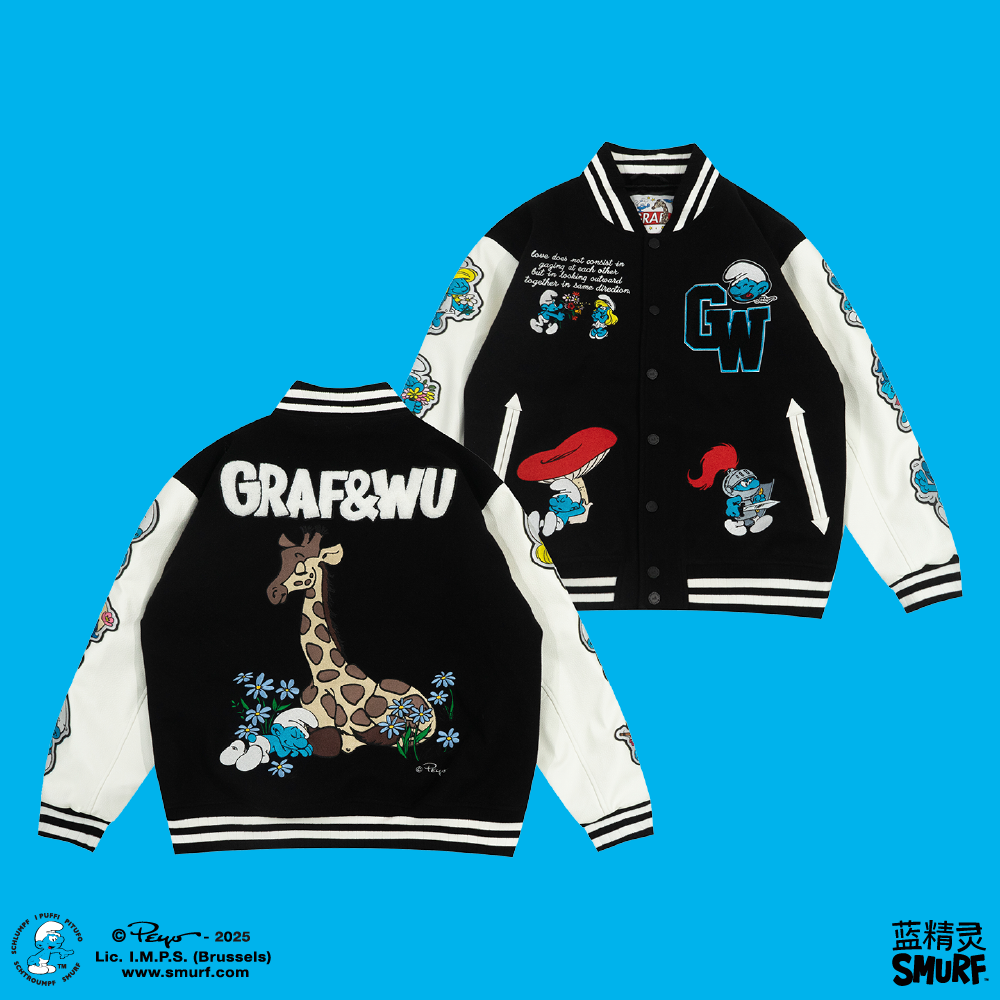 GRAF X SMURF Badge Embroidery Calm Giraffe Leather Sleeve Baseball Jacket