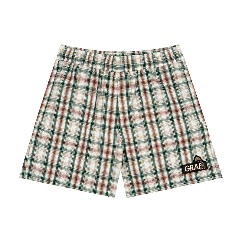 GRAF&WU Classic Deer Embroidery Futuristic Plaid Design Casual Shorts