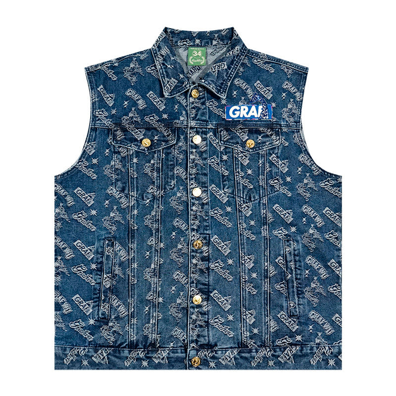 GRAF&WU Retro Jacquard Embroidered Sleeveless Denim Vest