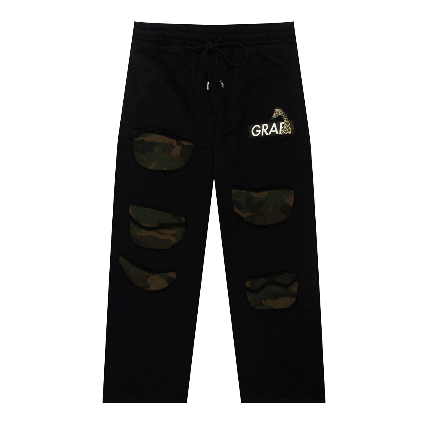 GRAF&WU Camouflage Giraffe Ripped Fleece Sweatpants | Distressed Streetwear Joggers