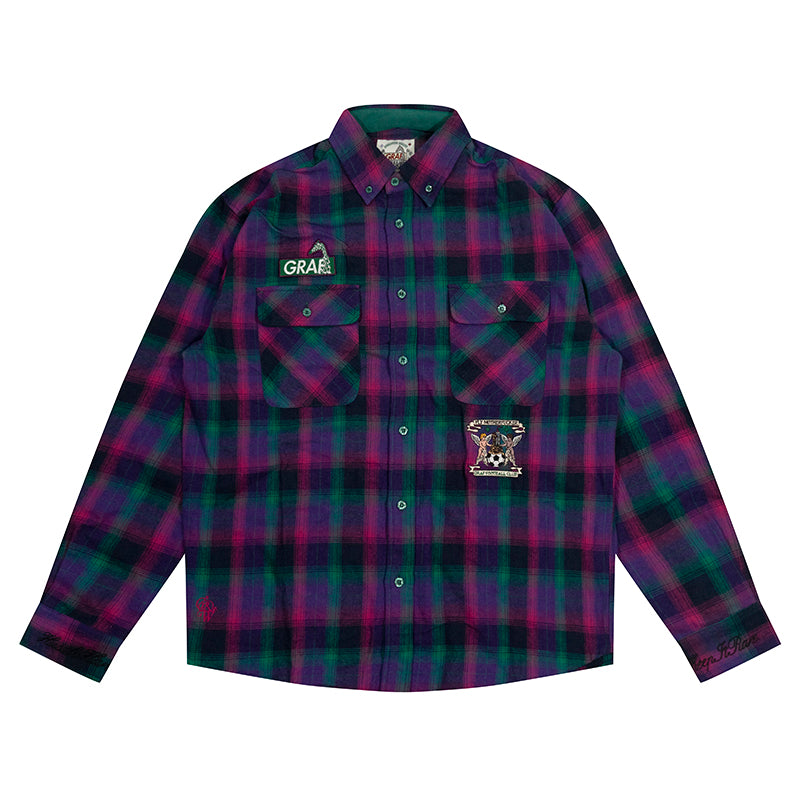 GRAF&WU Plaid Angel Football Embroidery Street Loose Brushed Shirt