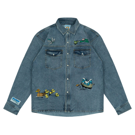 GRAF X SMURF Dragonfly Frog Character Landscape Embroidered Shirt