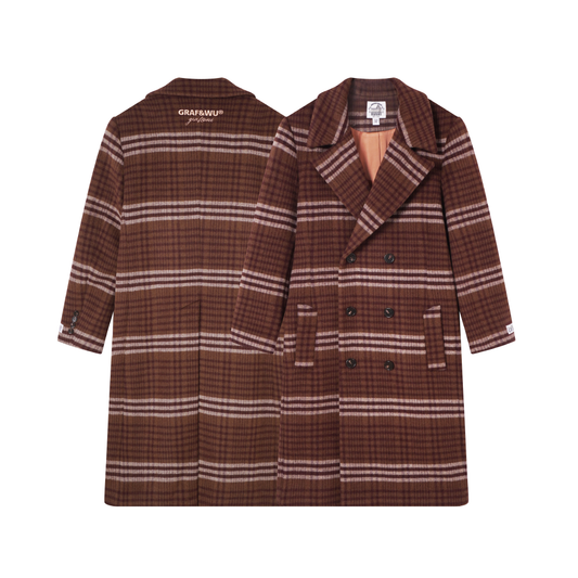GRAF&WU Fashion Brown Plaid Embroidered 100% Wool Jacket Coat