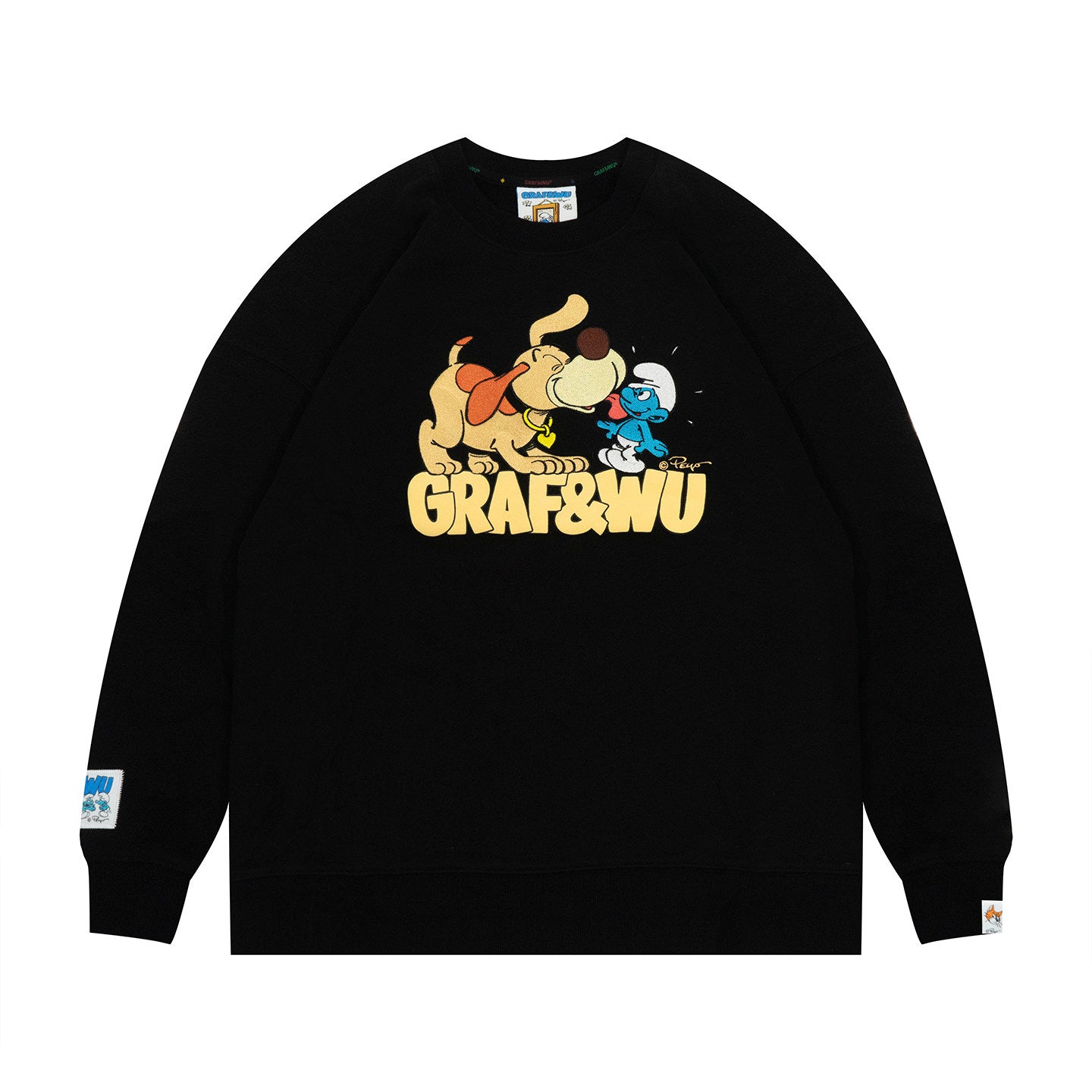 GRAF&WU Cat Dog Chasing Embroidered Crew Neck Fleece Sweatshirt