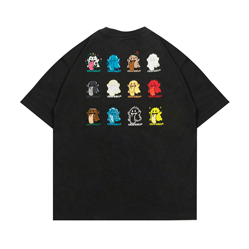 GRAF&WU T-Shirts 12 Natural Elements Cute Ghost Design T-Shirts Tai Chi Pattern Summer T-Shirt Embroidered Cotton Short Sleeve
