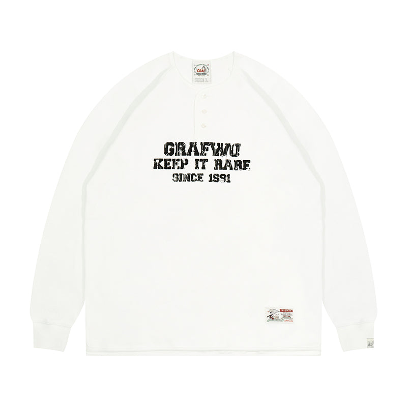 GRAF&WU Vintage Letter Cotton Henley Collar Long-sleeve Shirt