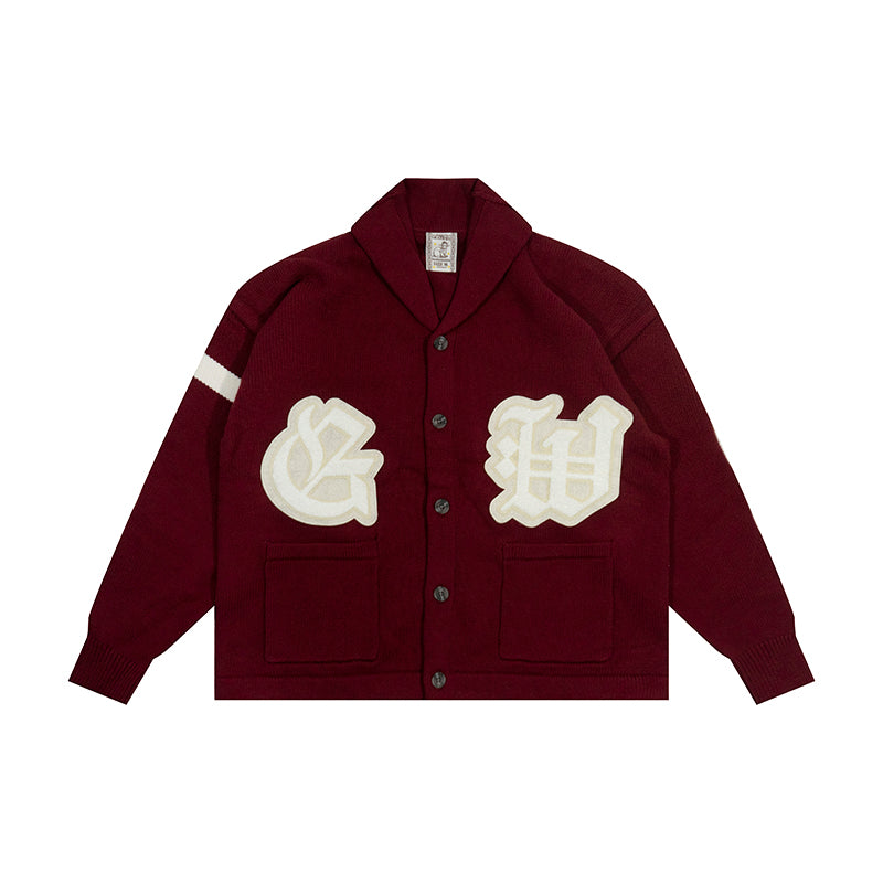 GRAF&WU Embroidered Badge Vintage Shawl Collar Knitted Sweater