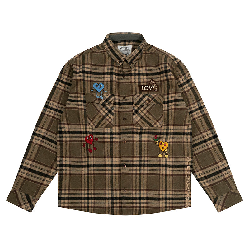 GRAF&WU Plaid 3 LOVE Heart Eembroidery Streetwear Brushed Shirt