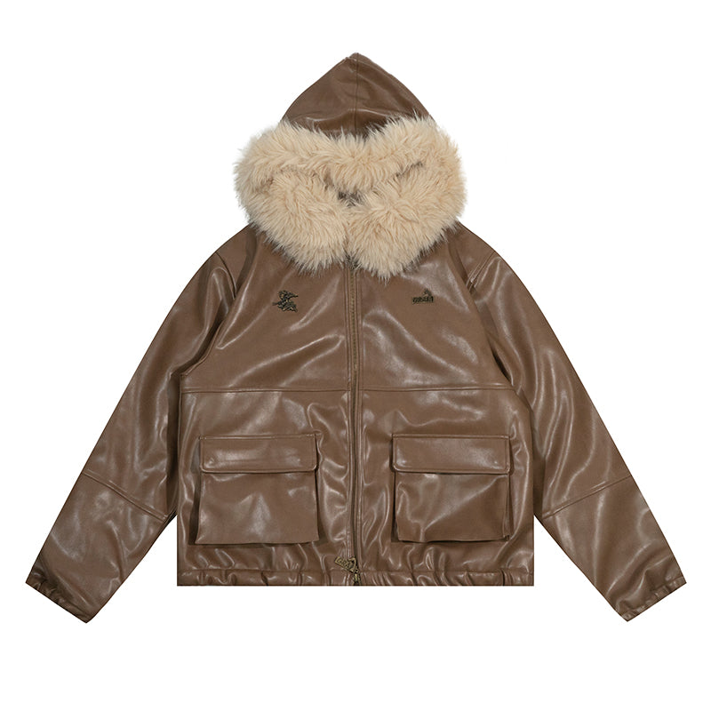 GRAF&WU Detachable Fur Collar PU Leather Metal Angel Deer Thick Jacket - Premium Winter Streetwear