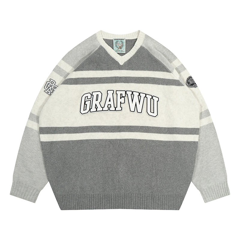 GRAF&WU Christmas V-Neck Knitted Pullover Sweater - Festive Holiday Streetwear