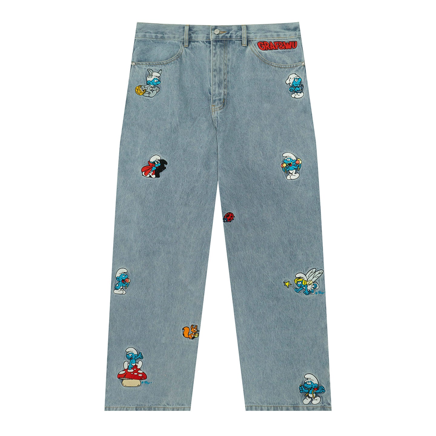 GRAF X SMURF Animal Character Embroidery Baggy Jeans