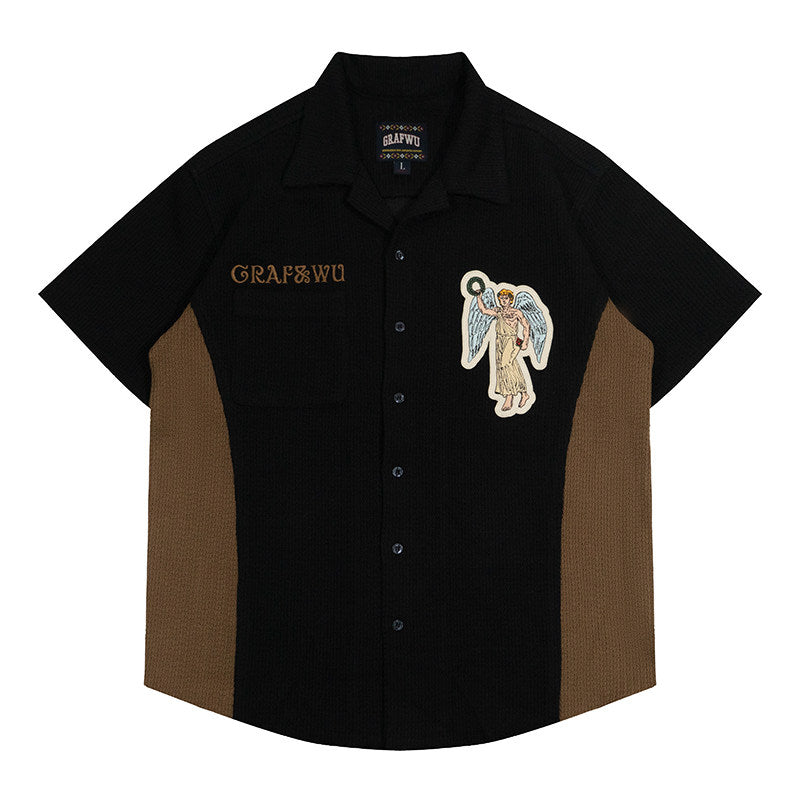 GRAF&WU Victory Angel Embroidered Patch Vacation Style Knitted T-Shirt