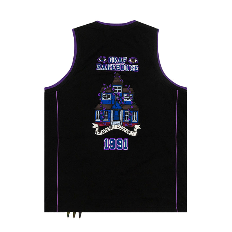 GRAFWU Devil Black Cat Two-Headed Sheep Embroidery Basketball Vest