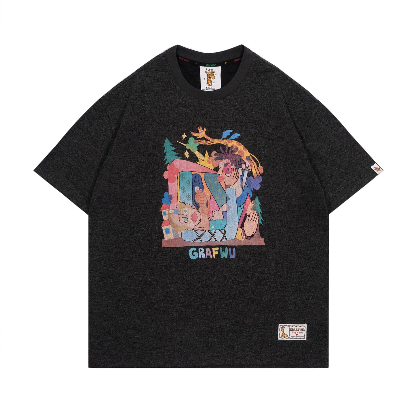 GRAF&WU Giraffe Fable Greed and Jealousy Abstract Streetwear Ice Silk Fabric T-Shirt