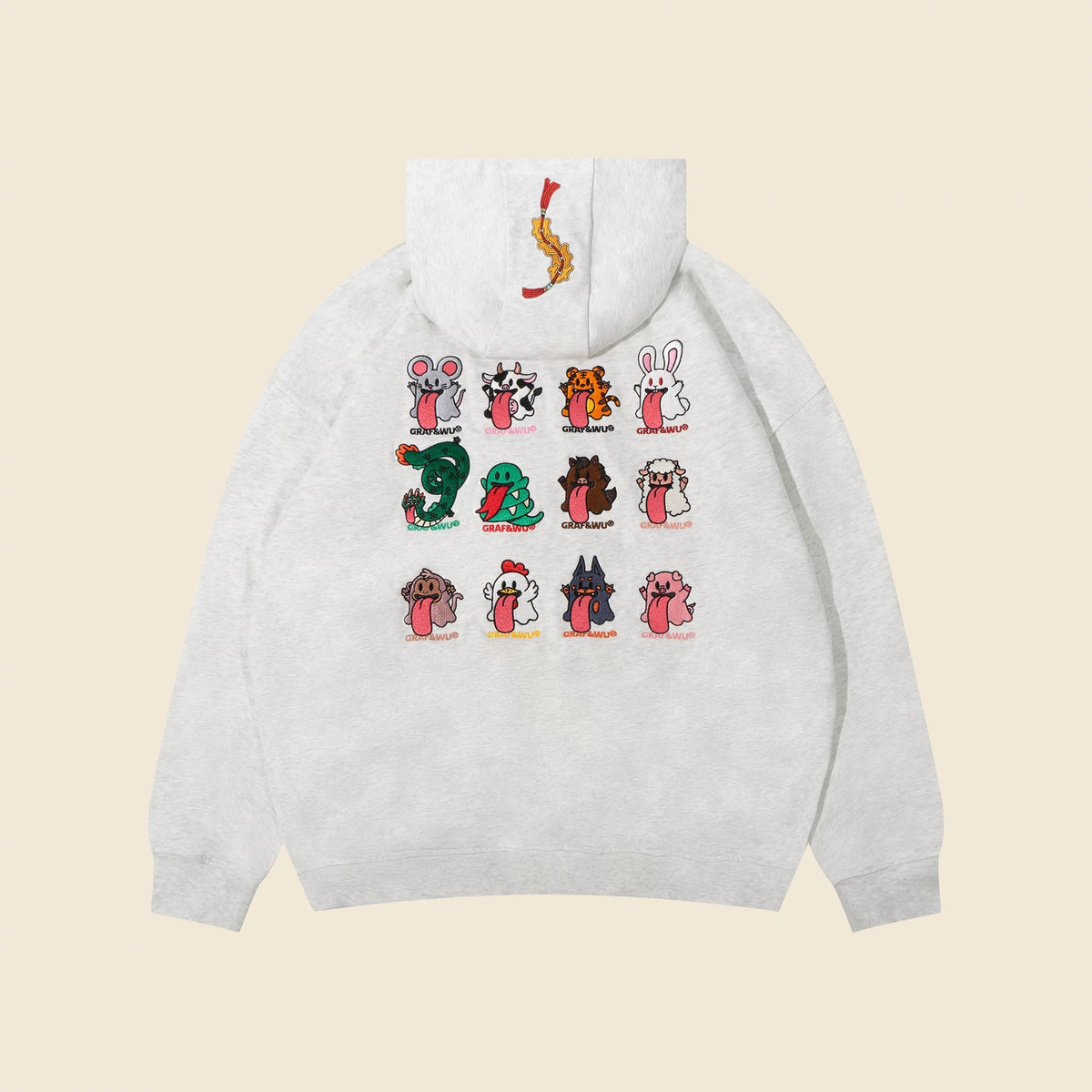 GRAF&WU Chinese Zodiac Cute Ghost Themed Embroidered Oversized Fleece Hoodie