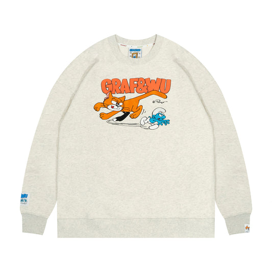 GRAF&WU Cat Dog Chasing Embroidered Crew Neck Fleece Sweatshirt