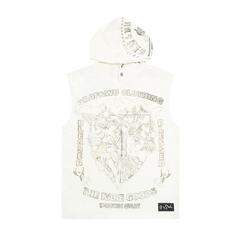 GRAF&WU Vintage Angel Graphic Sleeveless Hoodie | Streetwear Vest
