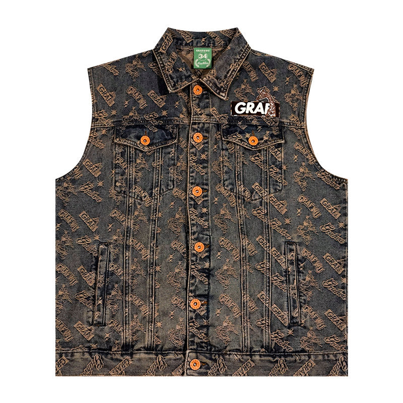 GRAF&WU Retro Jacquard Embroidered Sleeveless Denim Vest