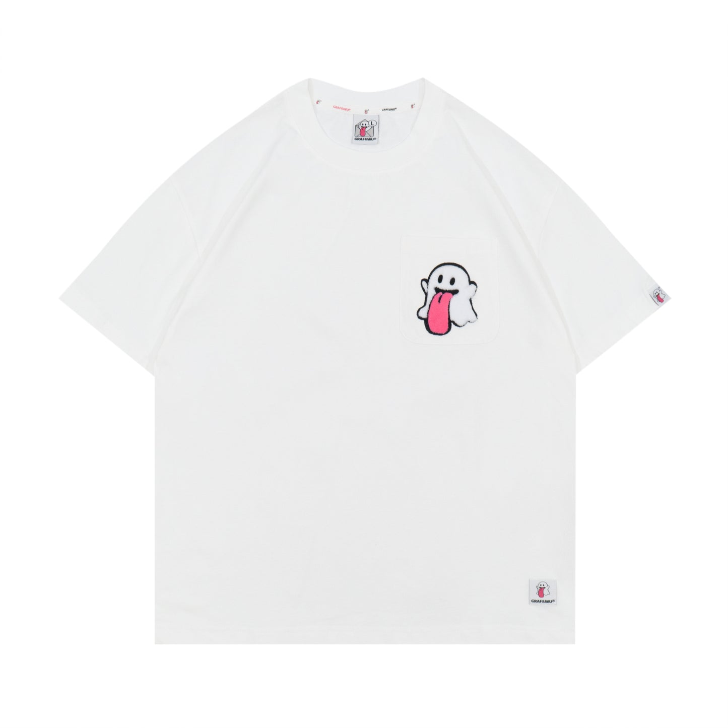 GRAF&WU Plush Cute Ghost Character Pattern Pocket T-shirt