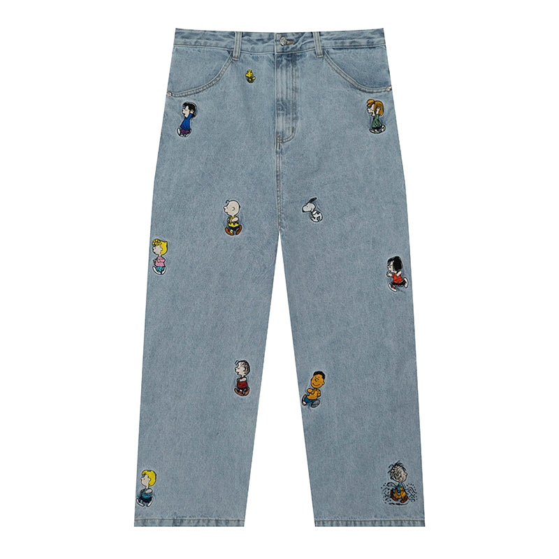 GRAF X Peanuts【Snoopy Collaboration】Jeans Charlie Brown Lucy Embroidered Pants Baggy Fit Denim Trousers Men Women Classic Straight-Leg Denim