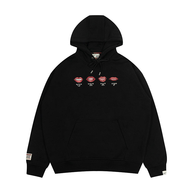 GRAF&WU Lips Say GRAF Lip-sync Embroidery Hoodie Cozy Sweatshirt