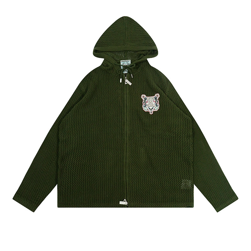 GRAF&WU Trust In GRAF Floral Embroidered Openwork Loose Hooded Zip-up Knit Sweater