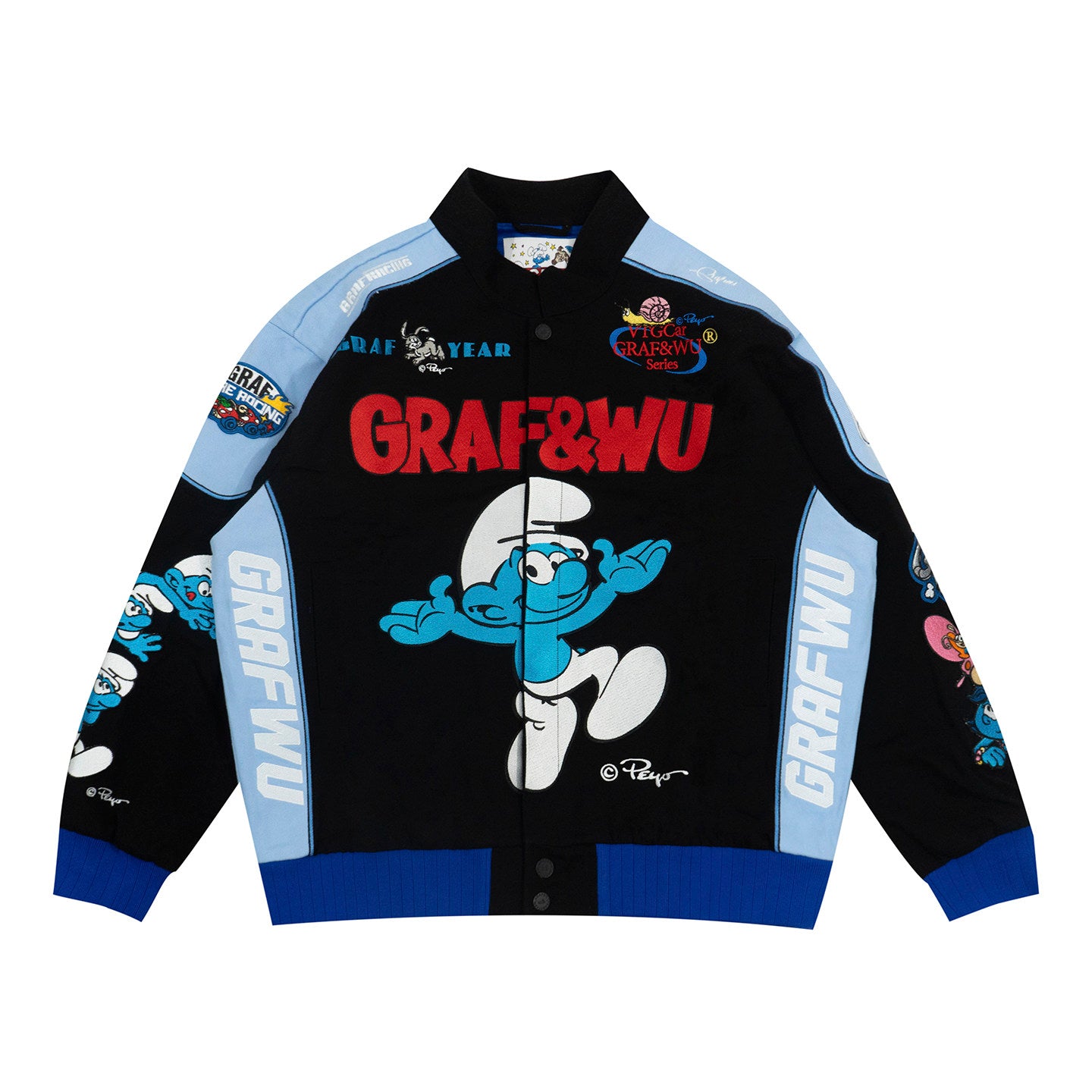 GRAF X SMURF Collaboration Fashion Embroidered Racing Jacket | Limited Edition Streetwear