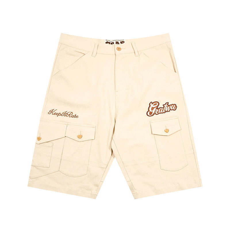 GRAF&WU Letter Embroidered Heart-button Loose Cargo Shorts
