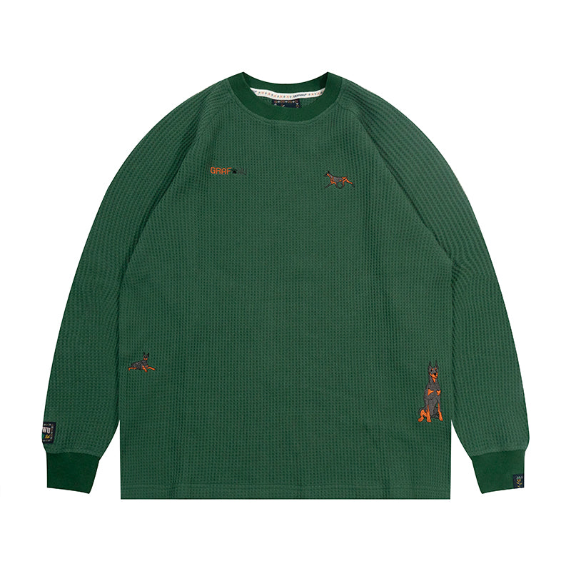 GRAF&WU Running Doberman Embroidery Waffle Cotton Long Sleeve Shirt