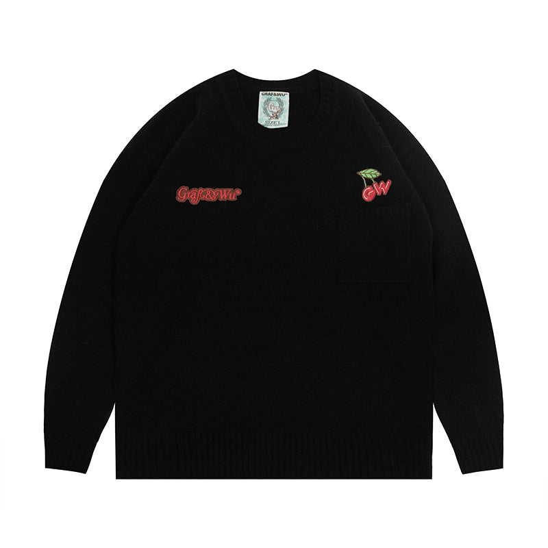 GRAF&WU 100% Goat Wool Cherry Embroidery Warm Knitted Sweater