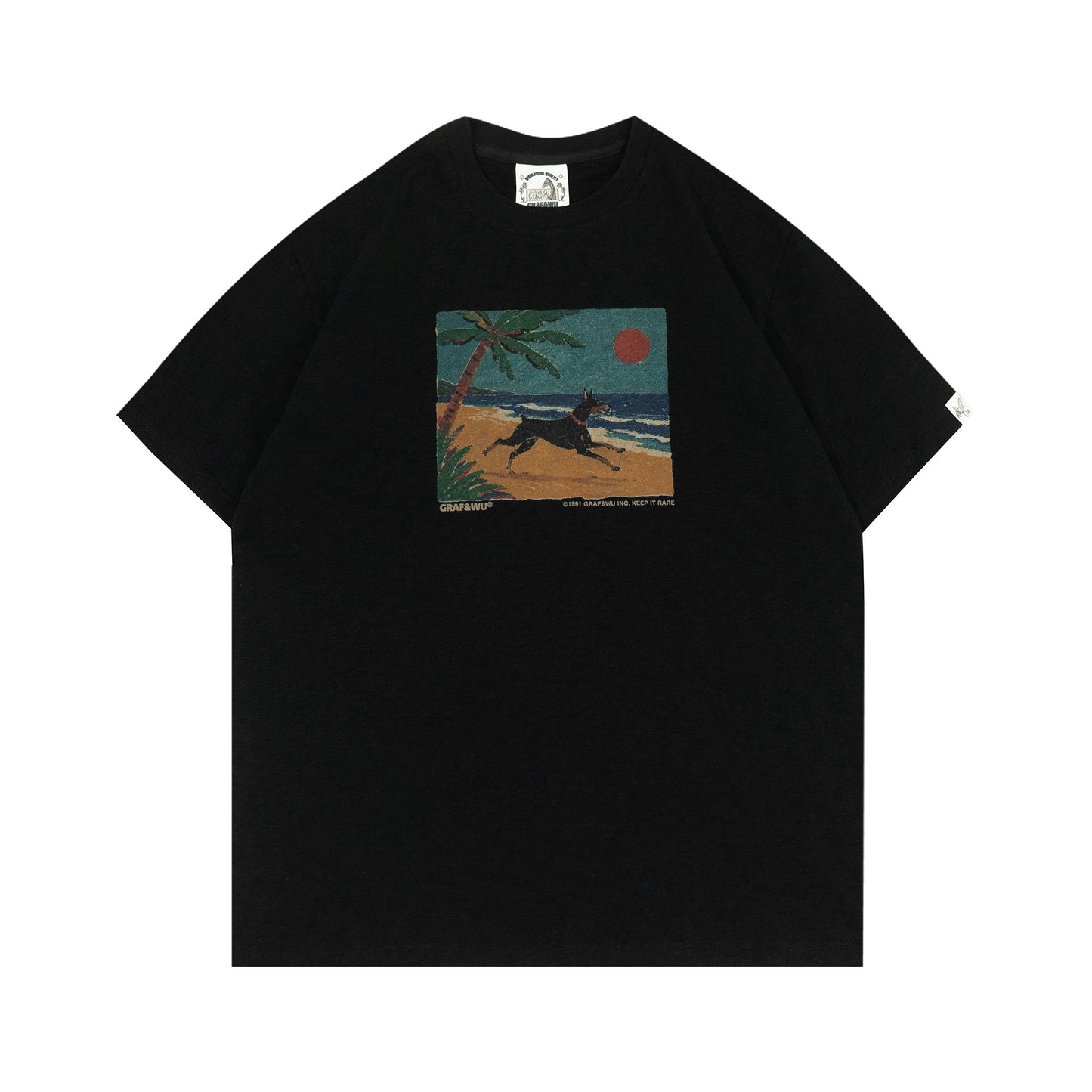 GRAF&WU Doberman Beach Running Oil Painting Pattern T-shirt